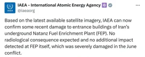 IAEA Confirms Damage to Entrance Buildings at Iran's Natanz Underground Nuclear Facility